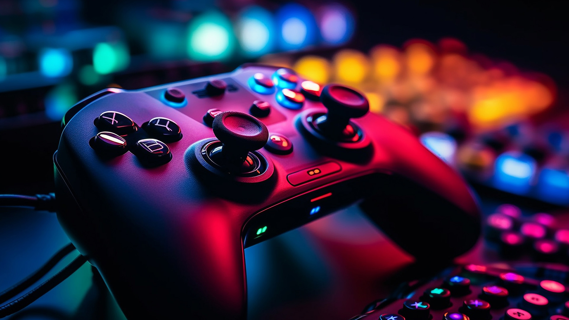 A black gaming controller resting on a desk illuminated by vibrant RGB lighting.