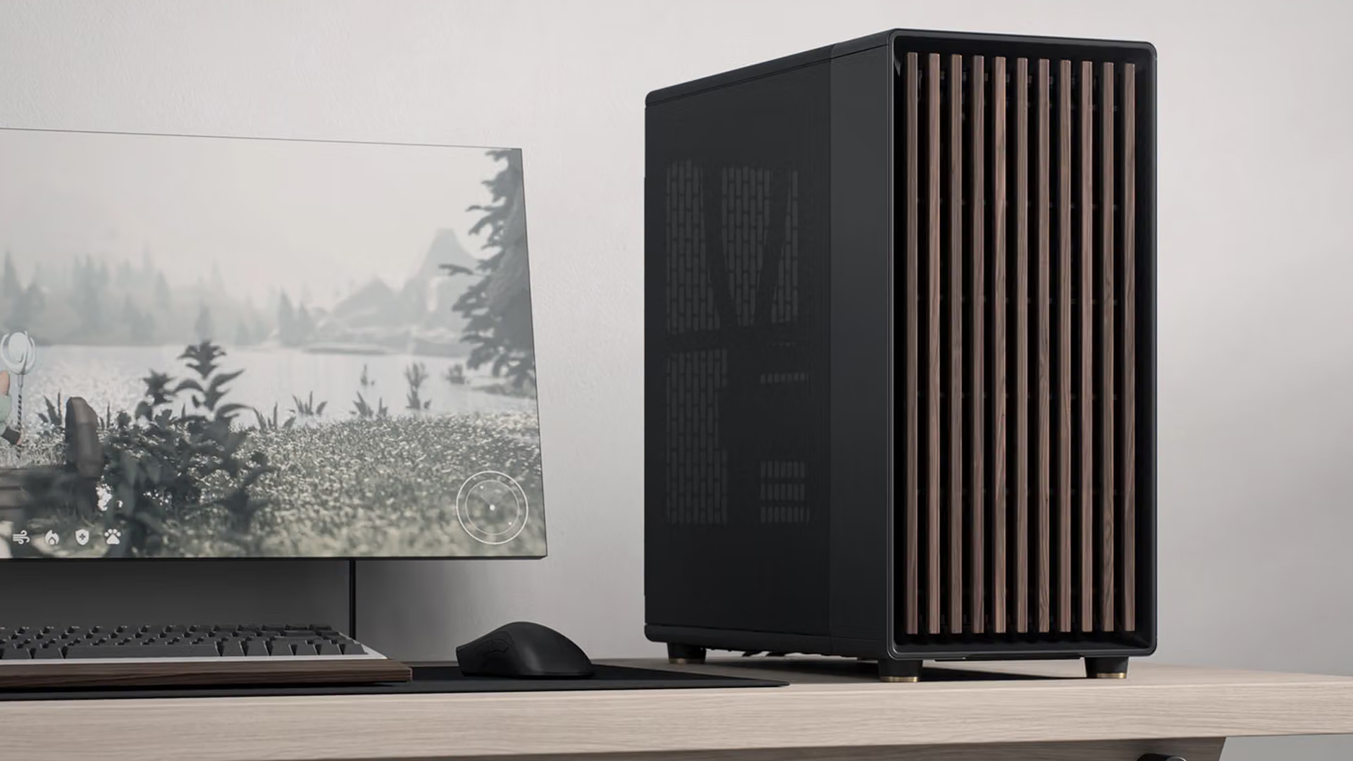 A black PC case featuring vertical wooden slats on the front panel.