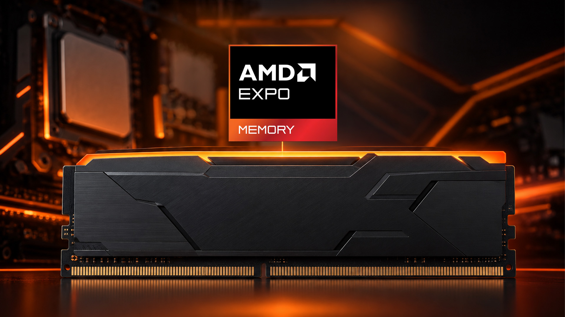 A black desktop RAM stick with orange lighting and an AMD EXPO memory logo.