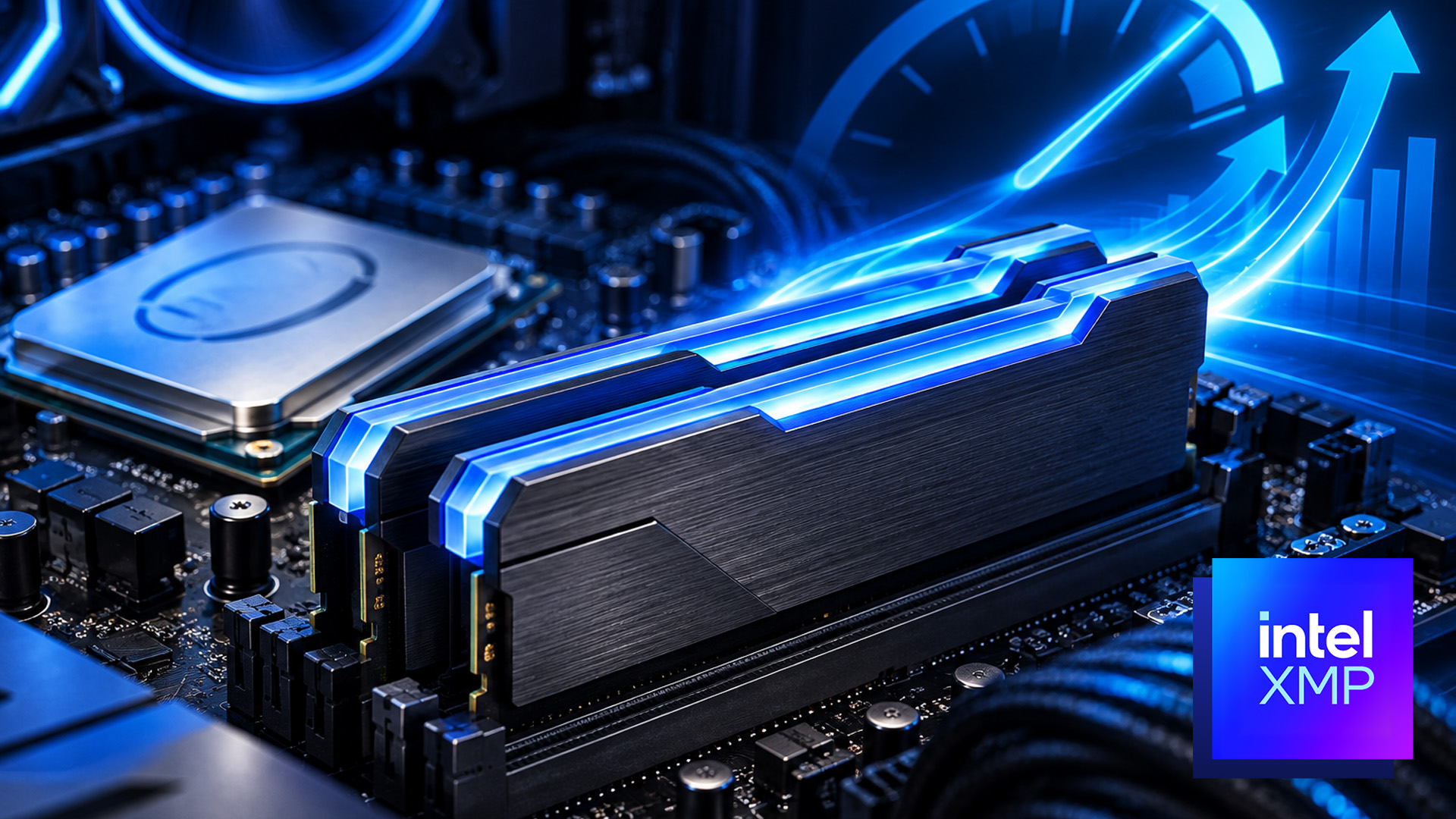 Glowing blue RGB RAM sticks installed on a motherboard with an Intel XMP logo.