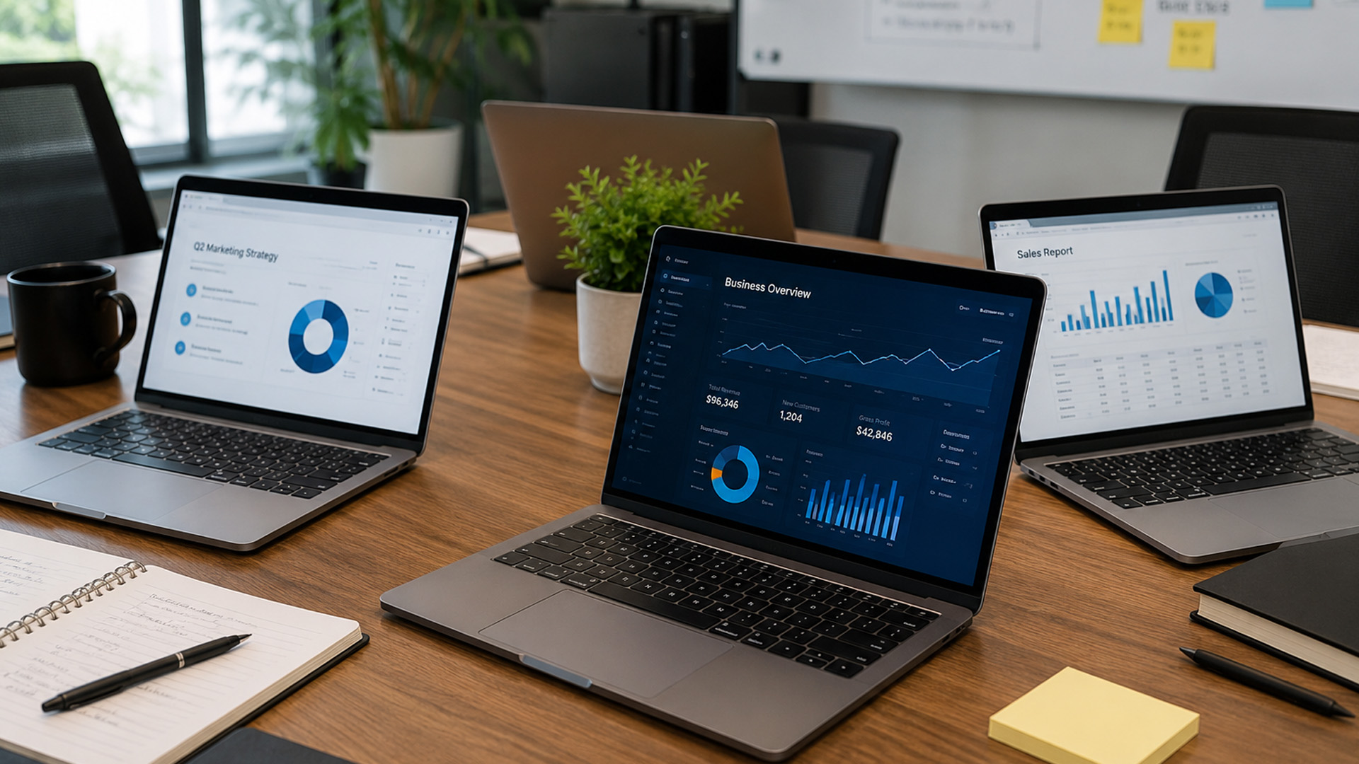 Multiple business laptops displaying analytics dashboards on a wooden conference desk.