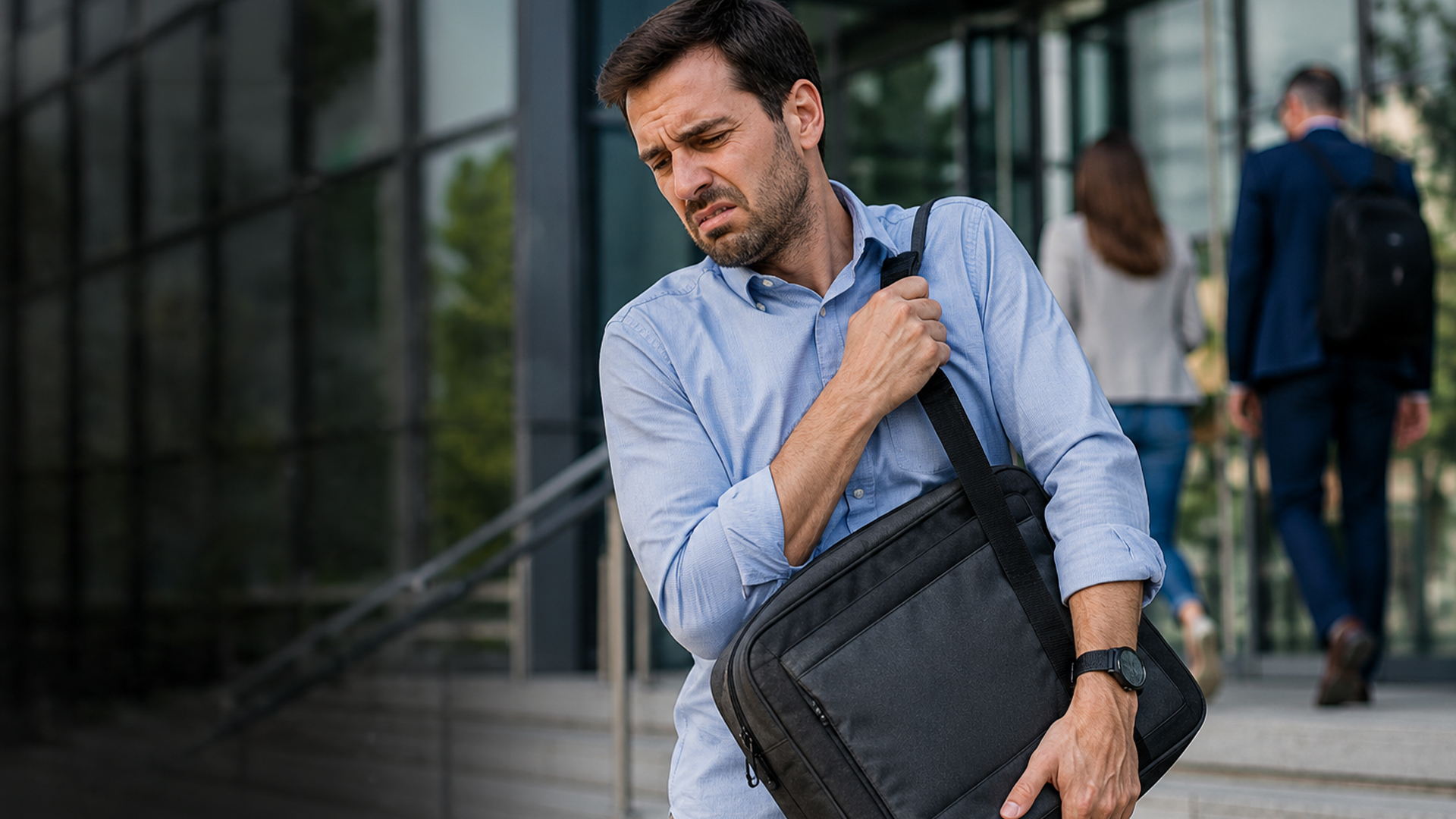 A stressed businessman struggling with a heavy shoulder bag outside an office building.