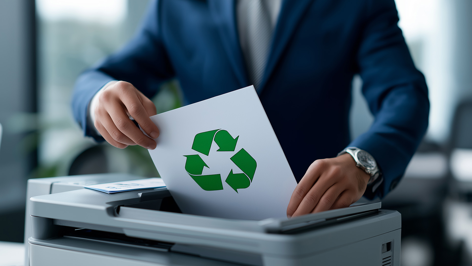 Businessman loading paper with a green recycling symbol into an office printer.