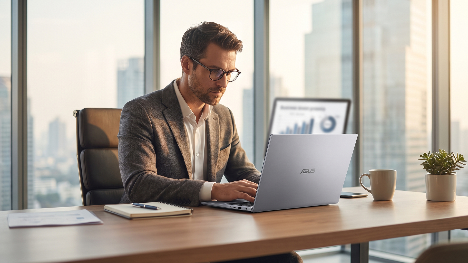 A businessman wearing glasses typing on an ASUS laptop at his desk in a high-rise office with a city view.