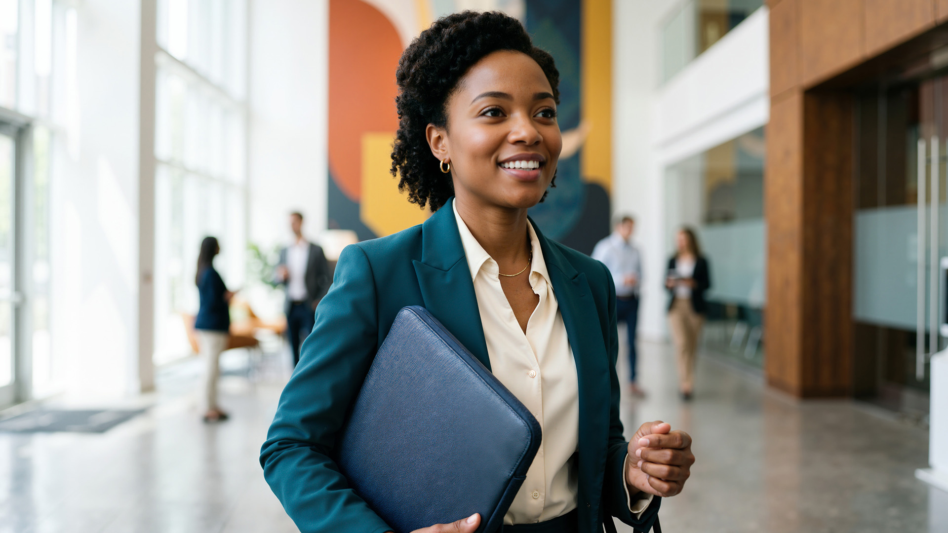 Smiling businesswoman carrying a blue laptop sleeve through an office lobby.