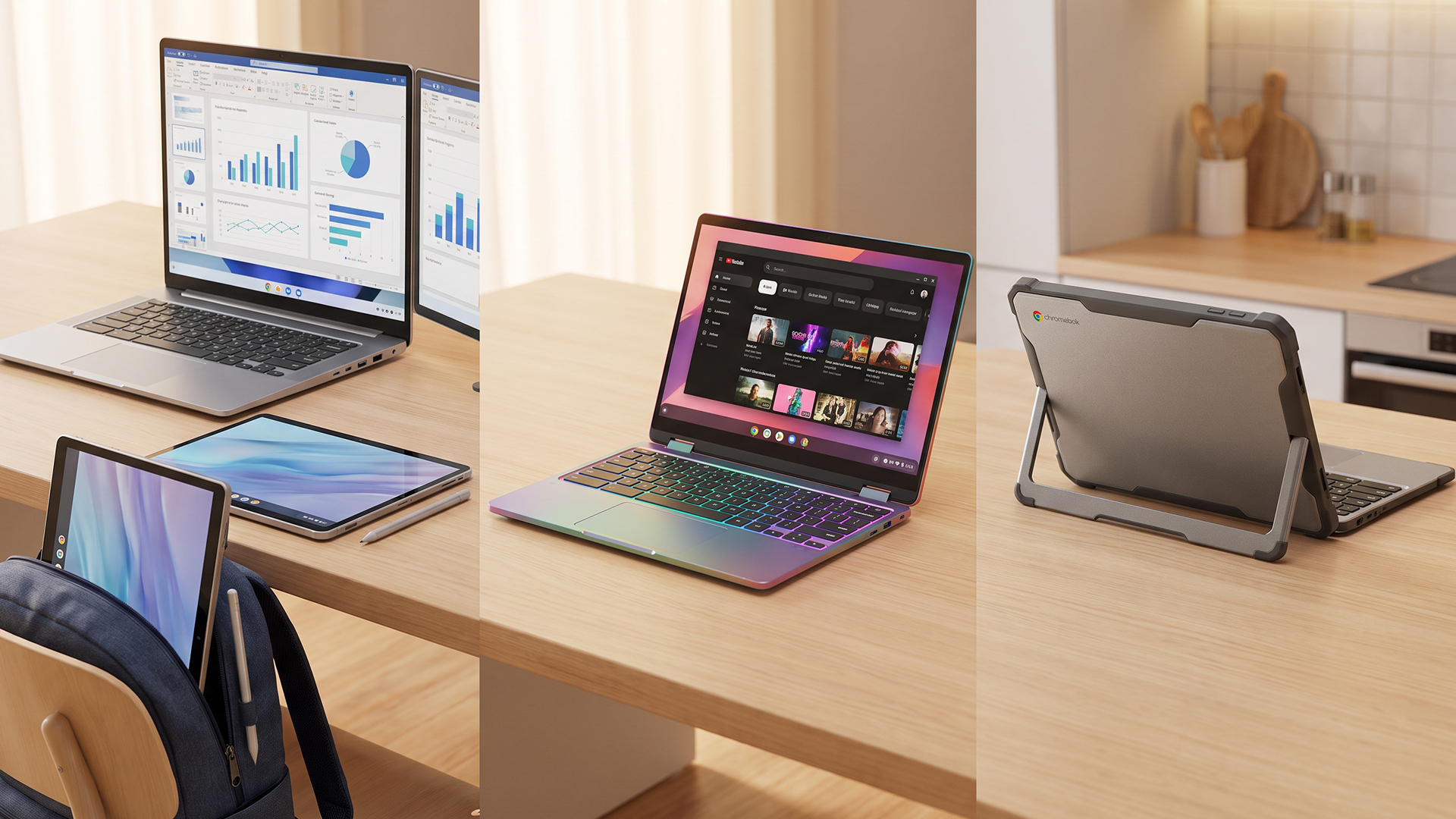 Different Chromebook models showing tablets, 2-in-1s, and laptops.