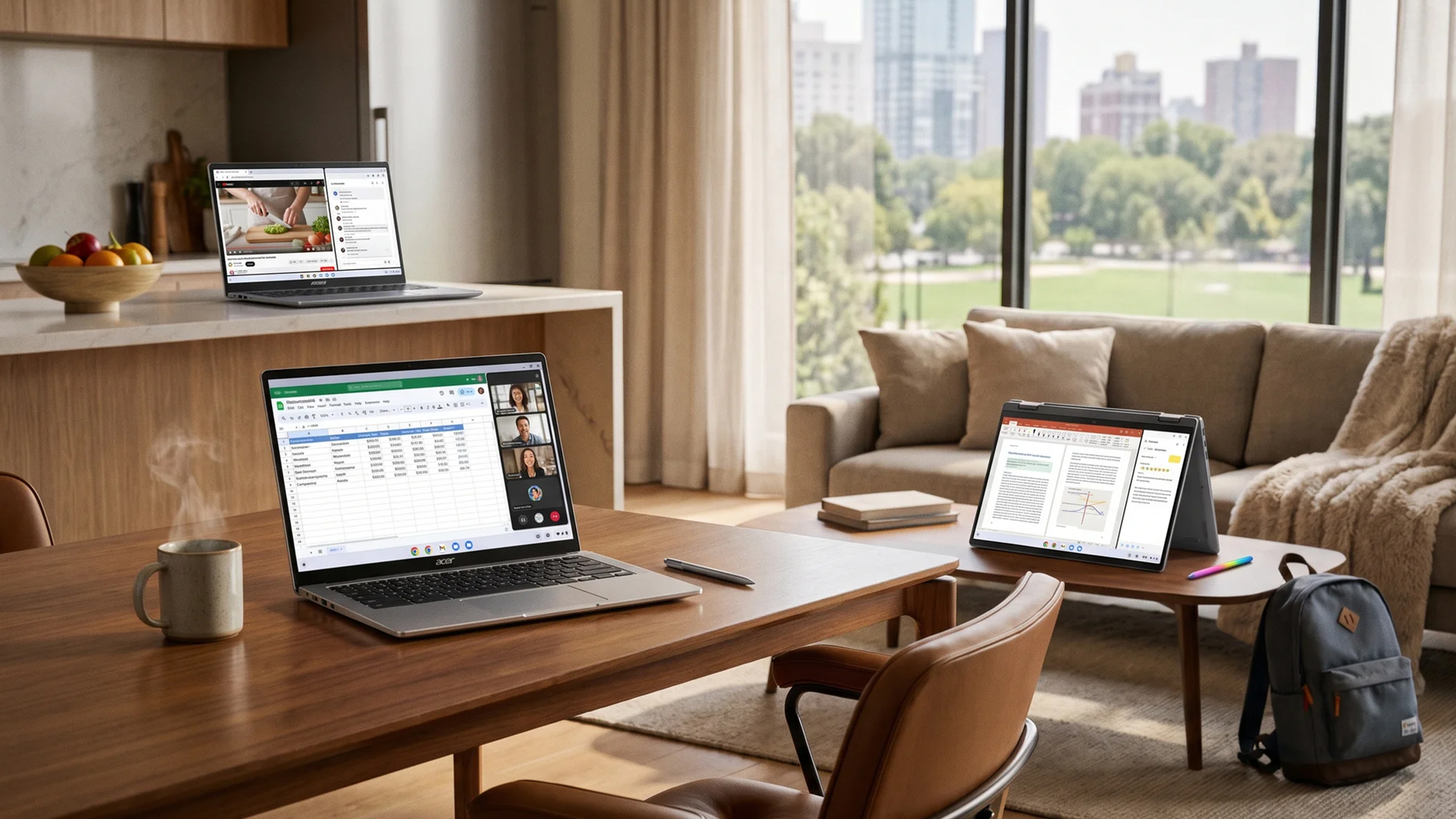 Chromebook laptops set up across a living room and kitchen table for productivity.
