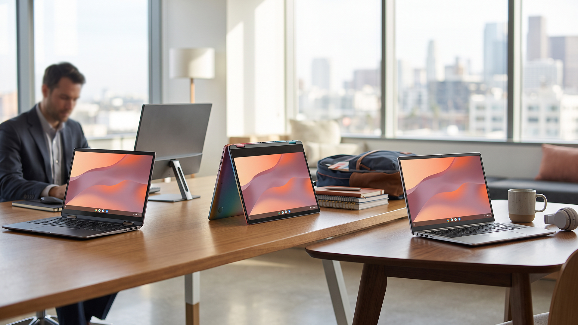 Chromebook laptops displayed on wooden desks in a modern office environment