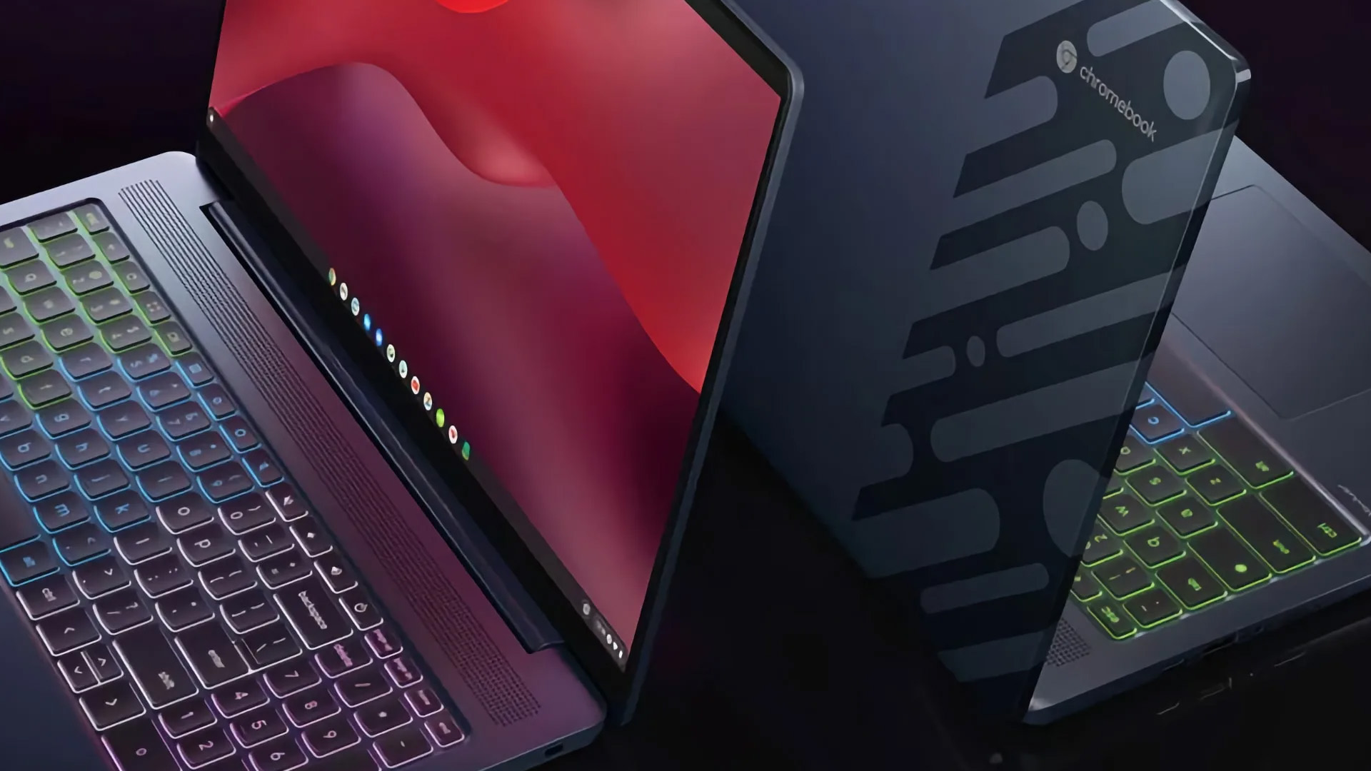Two Chromebook laptops with backlit keyboards displayed side by side.