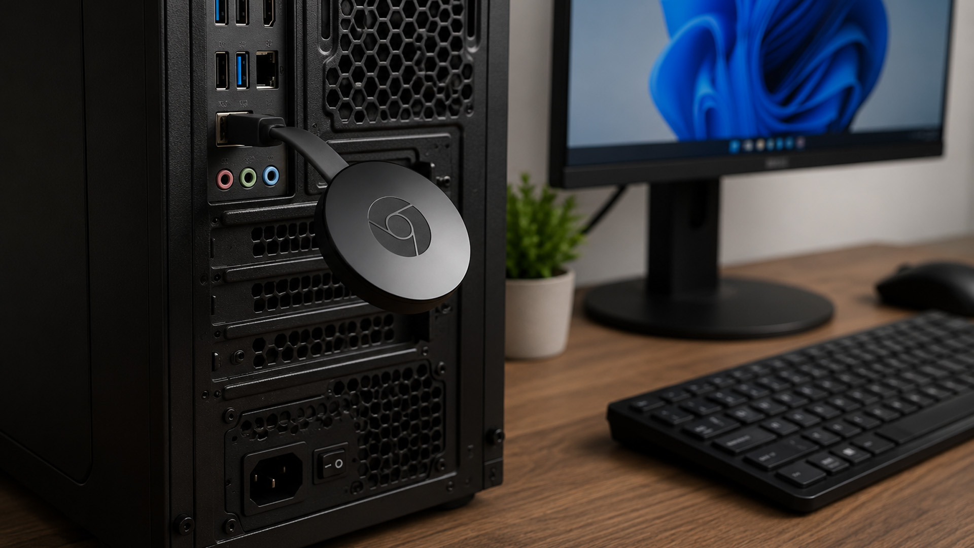 Chromecast streaming device plugged into the back of a desktop PC tower.