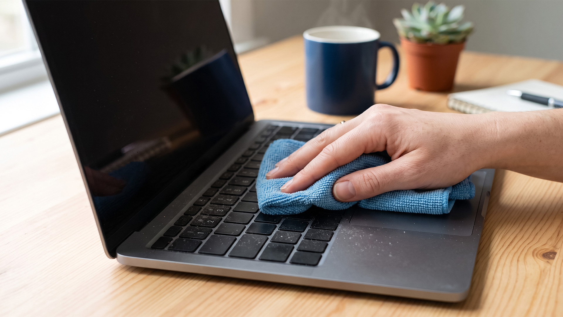 Close-up of a hand wiping a laptop keyboard with a damp microfiber cloth.