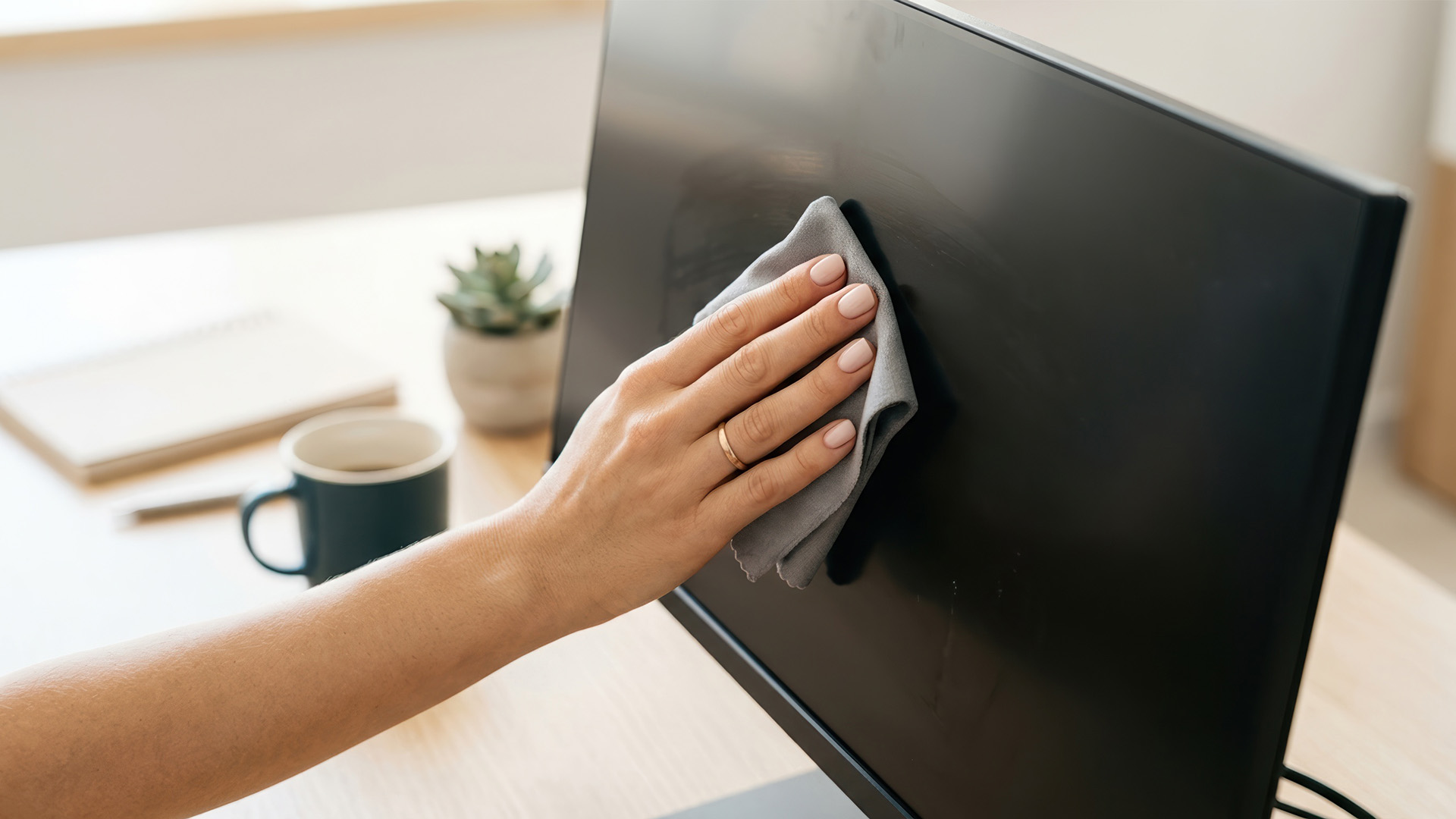 A person cleaning a computer monitor screen using a microfibre cloth.