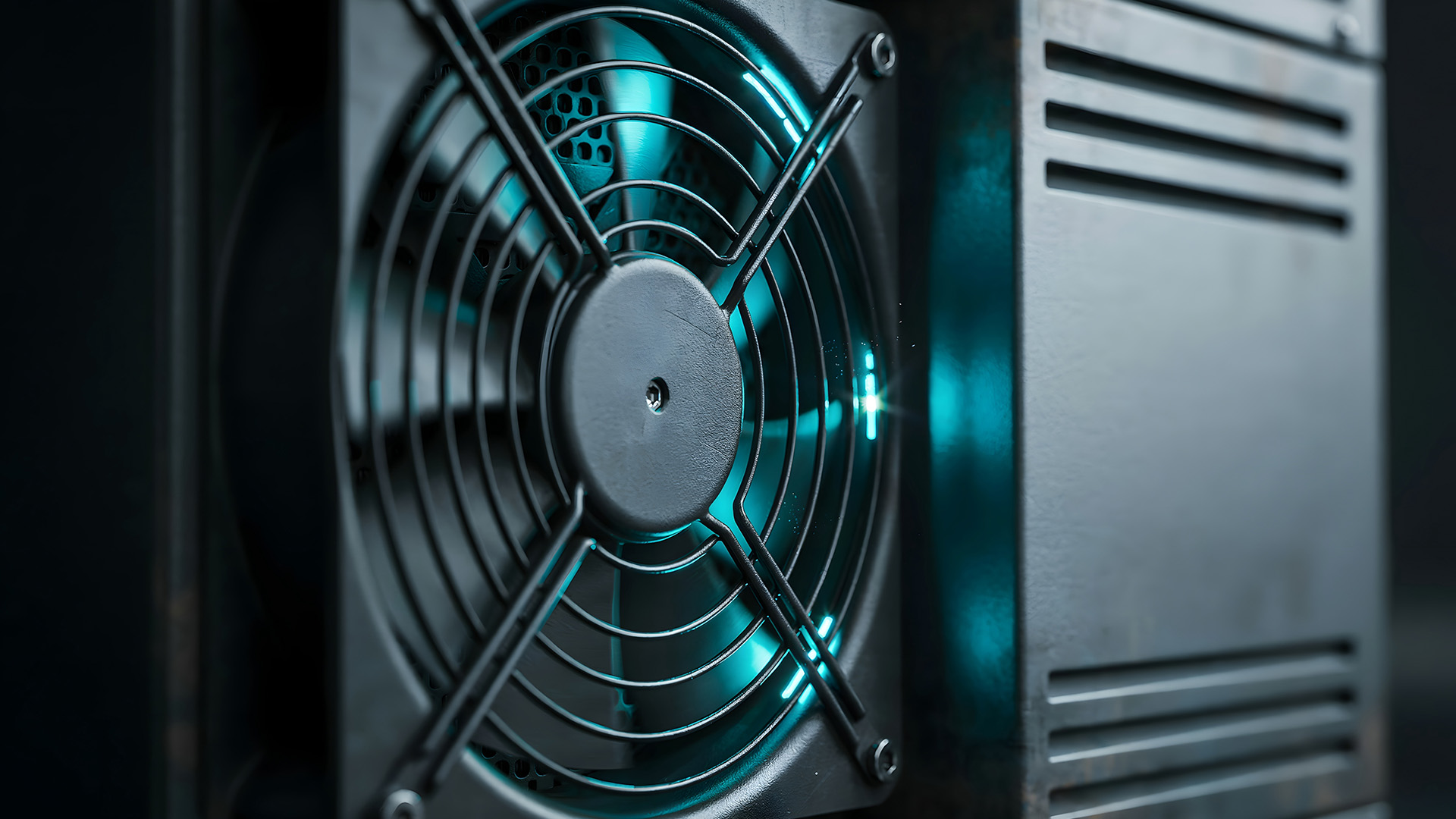 Close-up view of a power supply cooling fan with a protective metal grille