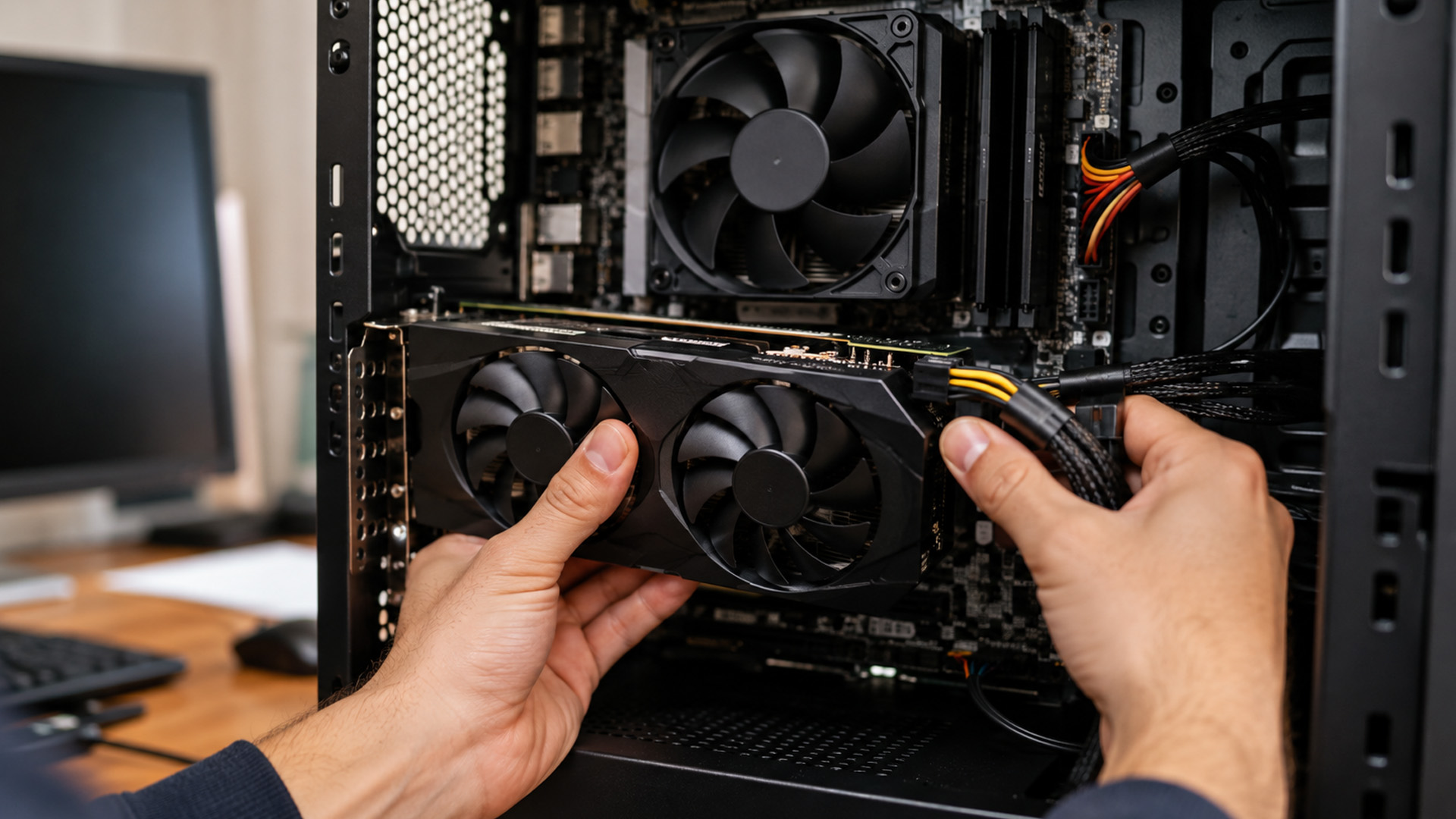 Close-up of hands connecting power cables to a graphics card inside a computer case.