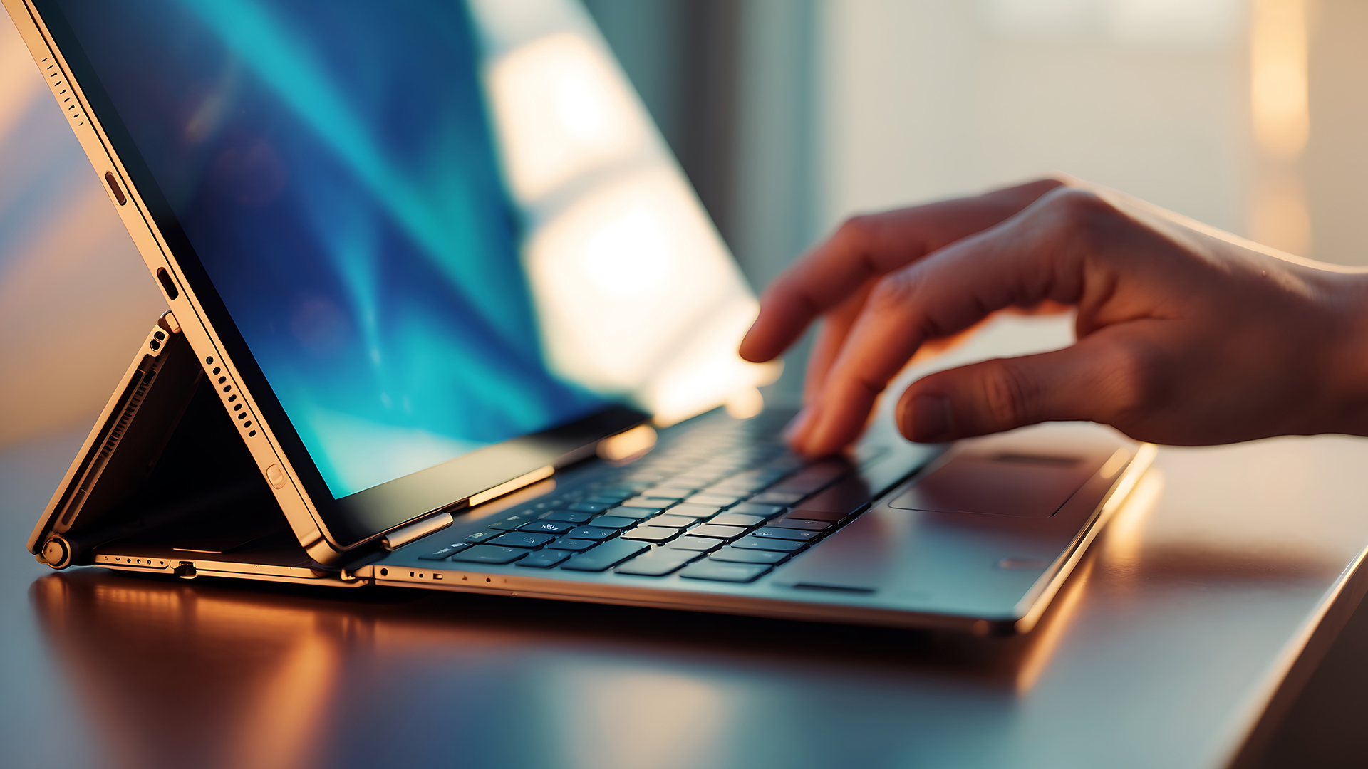 Close-up of hands typing on the keyboard of a 2-in-1 laptop in tablet mode.