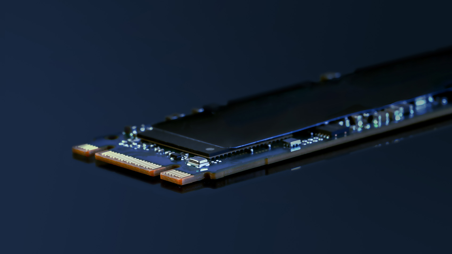 Macro shot focusing on the golden connector pins of an internal solid state drive.