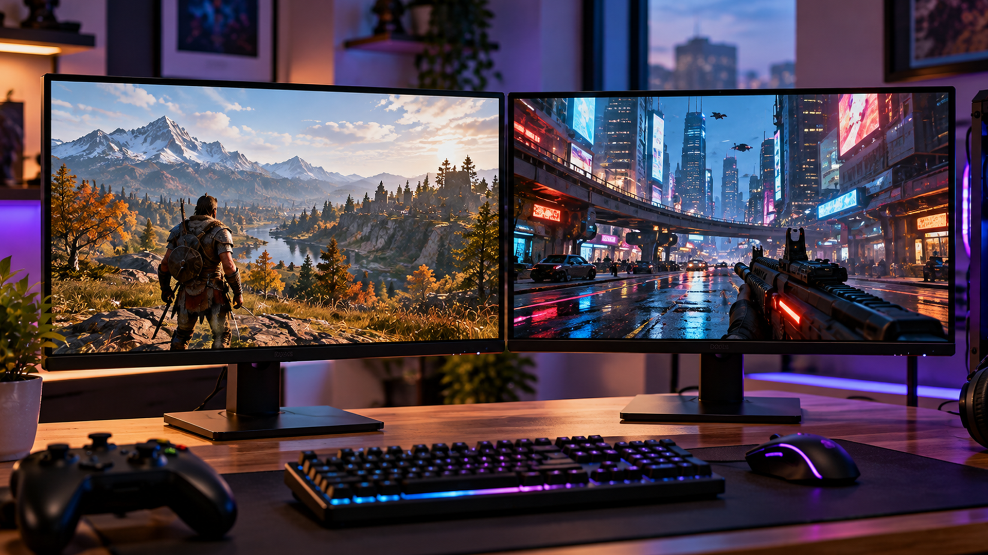 Two monitors displaying distinct game environments for graphics API testing.