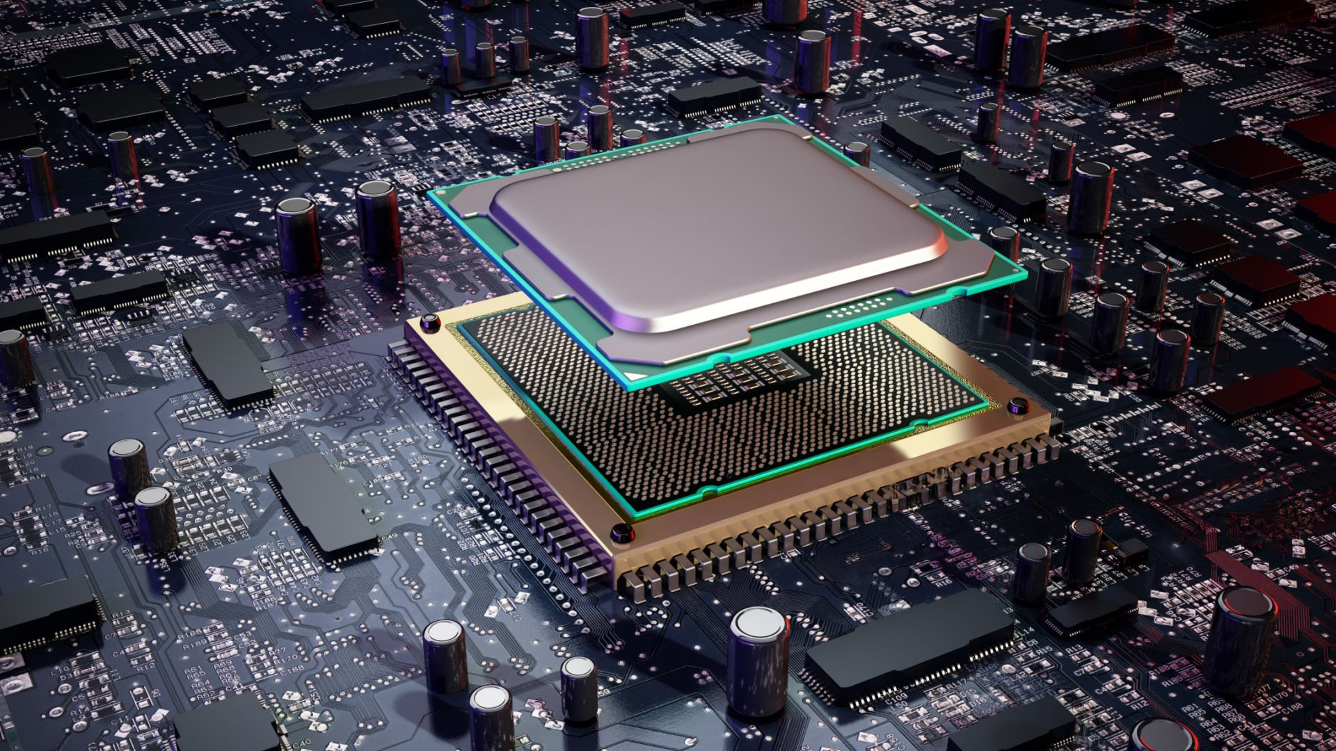 Detailed view of a computer processor ready for installation.