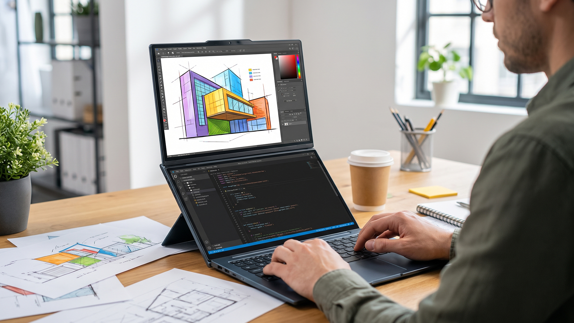 Designer working on architectural drawings using a dual-screen OLED laptop.