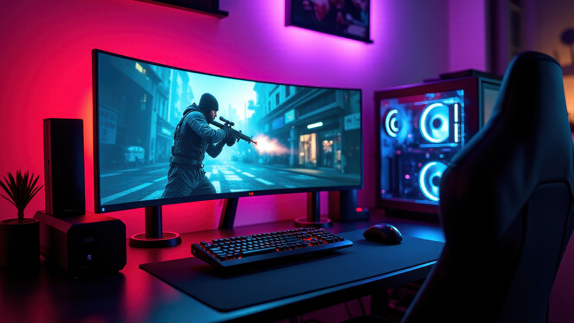 A curved 4K gaming monitor display showing a first-person shooter game.