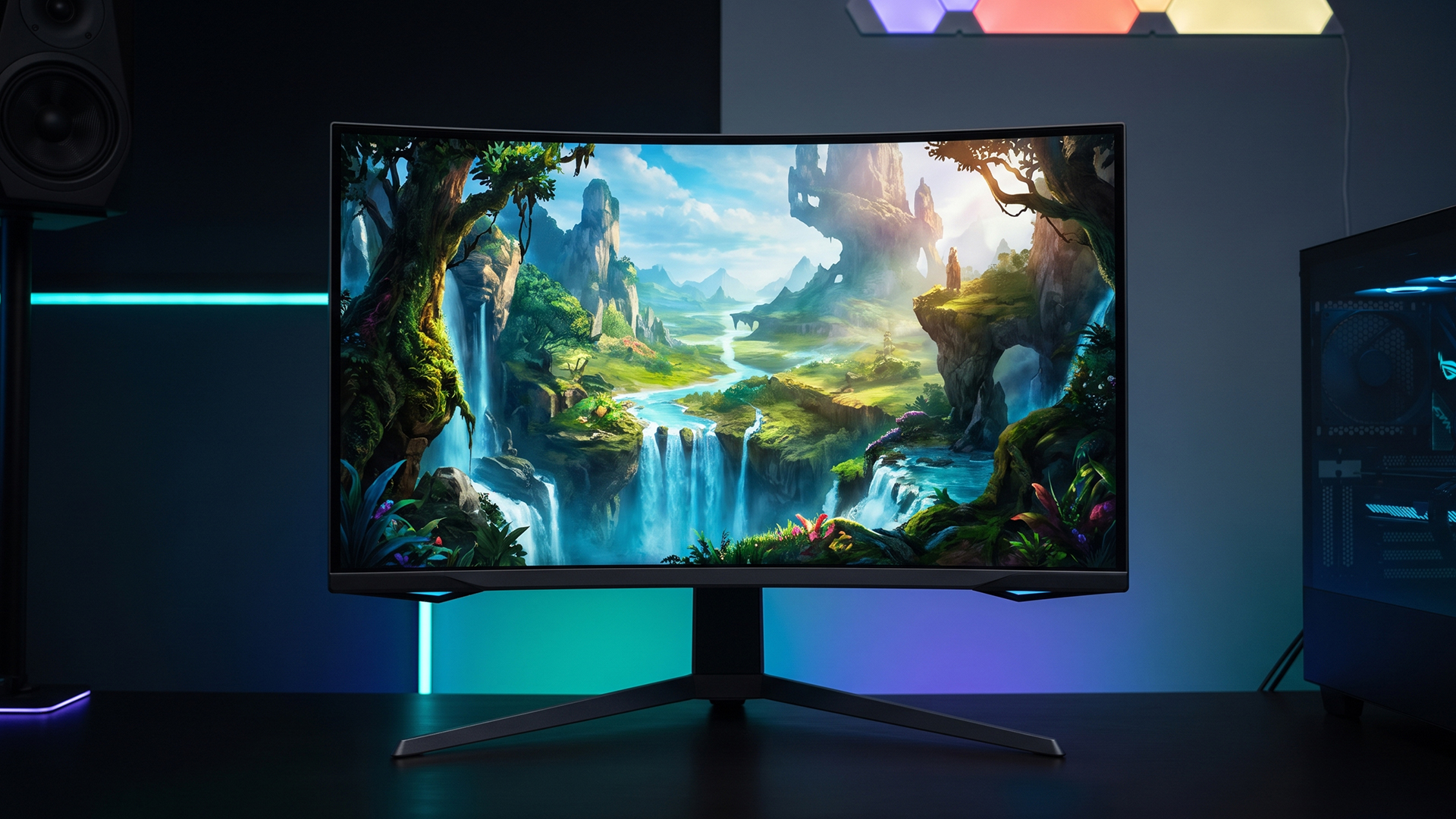Curved 4K gaming monitor on a desk showing a fantasy waterfall game scene.