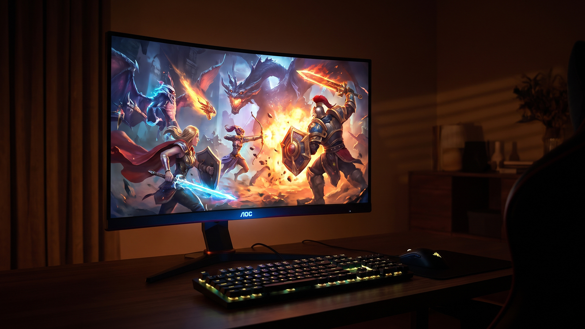 A curved AOC gaming monitor displaying an action-packed fantasy RPG game scene on a desk.
