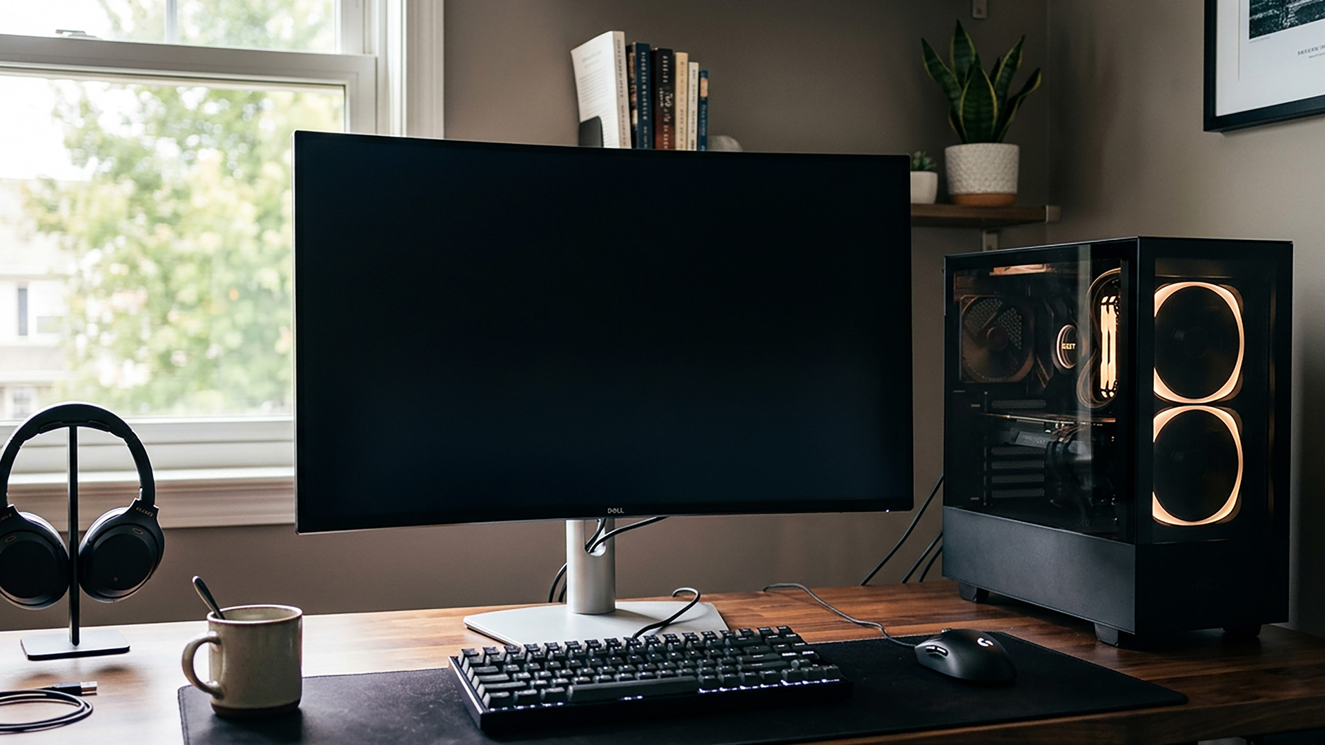 Curved Dell monitor showing a black screen beside a gaming PC on a desk.