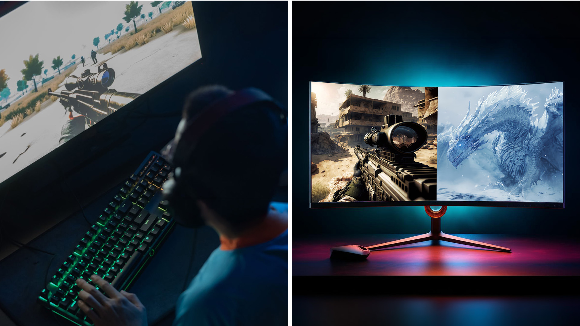 Curved monitor showing competitive and fantasy game modes side by side.