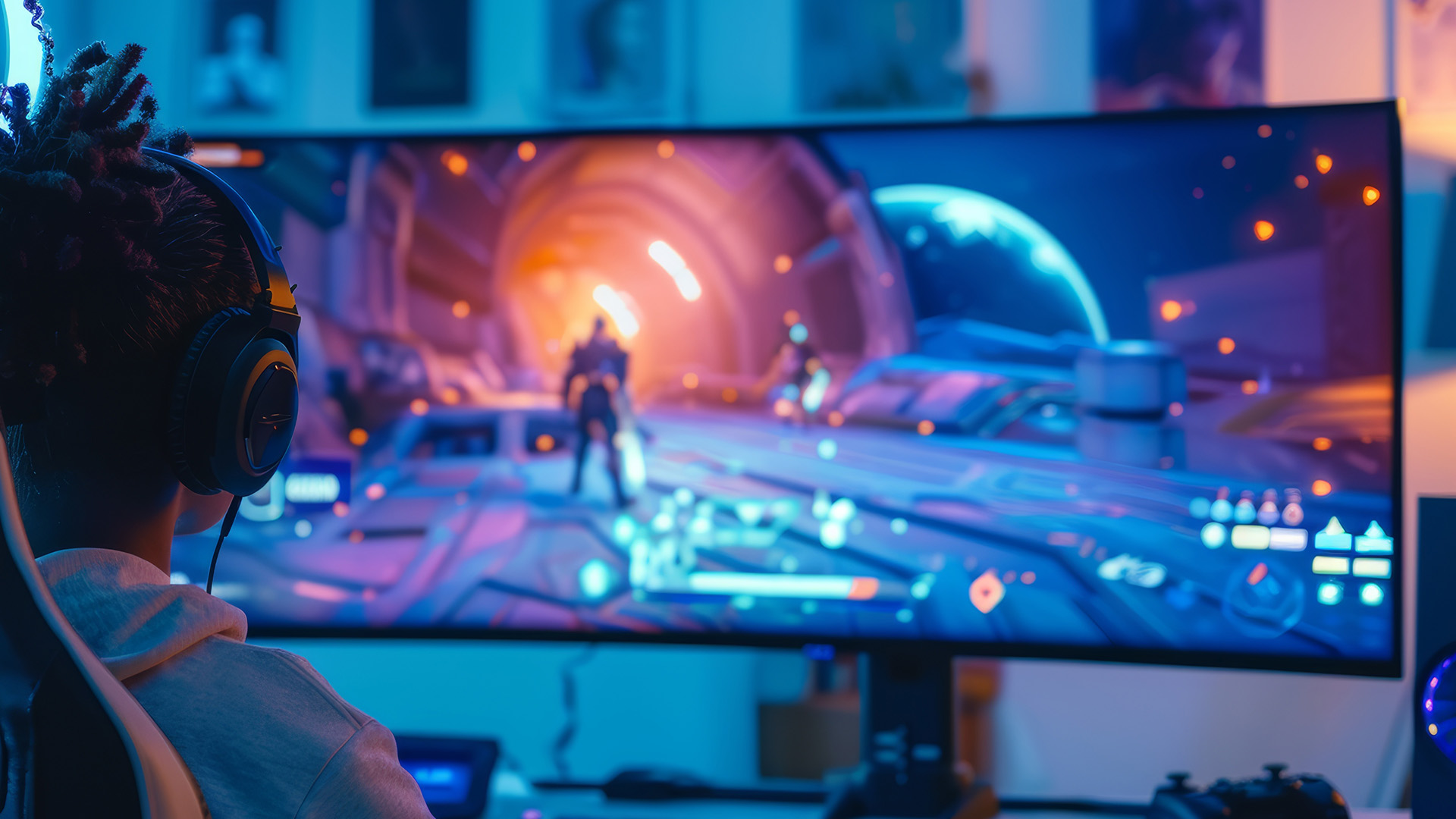 Gamer wearing a headset playing on a curved 4K gaming monitor.