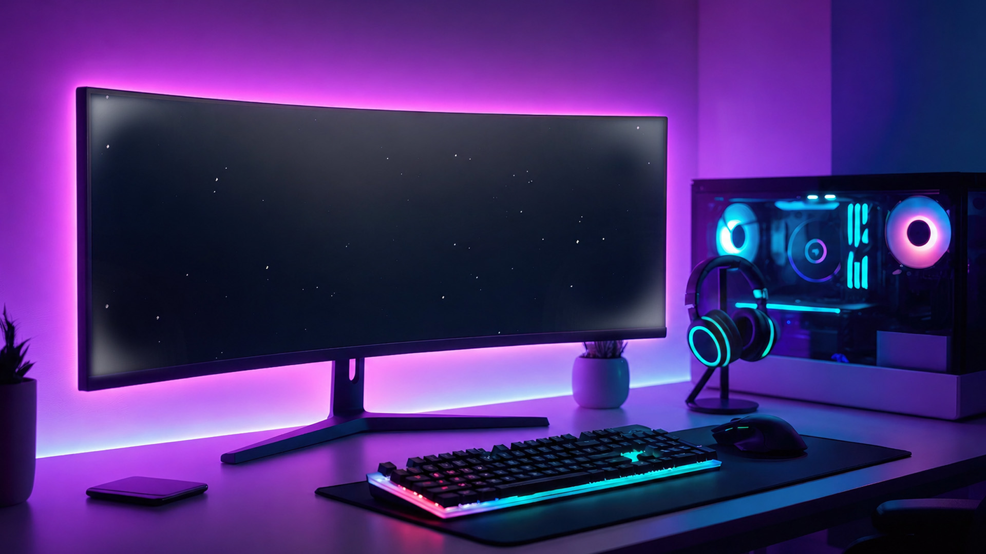 Backlight bleed visible on a curved monitor in a dark room.