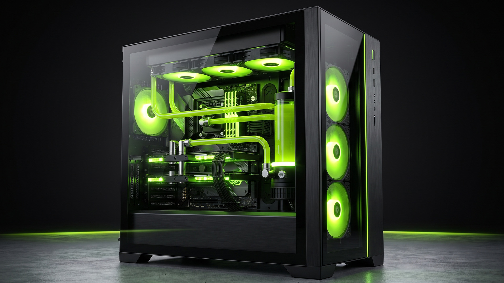 A high-end dual-chamber PC build featuring bright green custom liquid cooling.