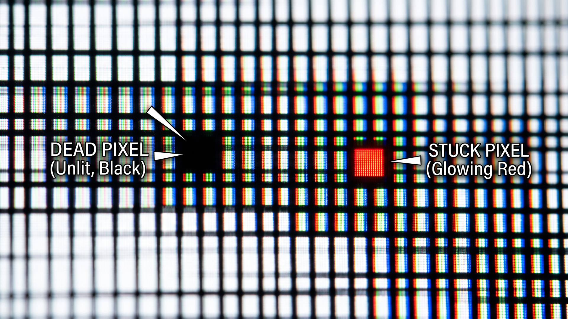 A macro image comparing an unlit dead pixel and a glowing red stuck pixel on a screen grid.