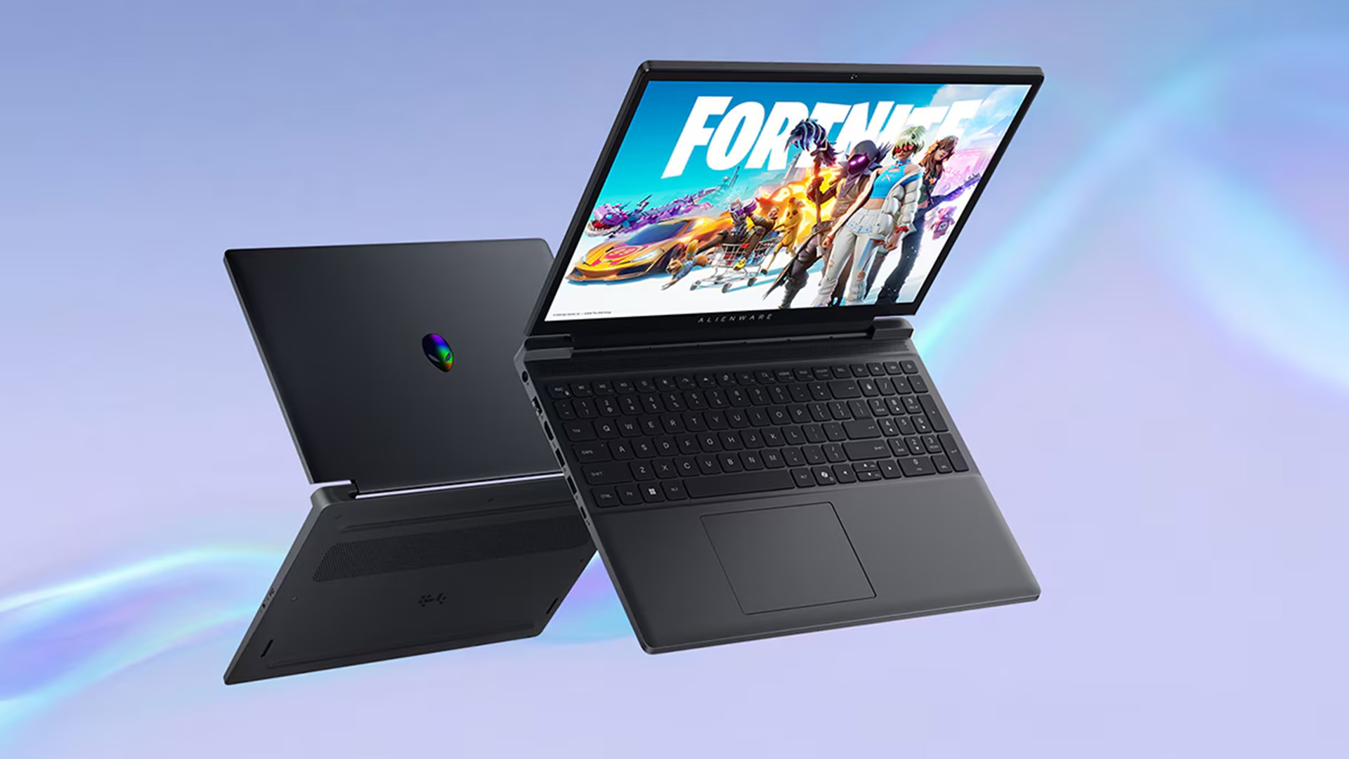 Two Dell Alienware gaming laptops displaying gameplay against a bright abstract background.