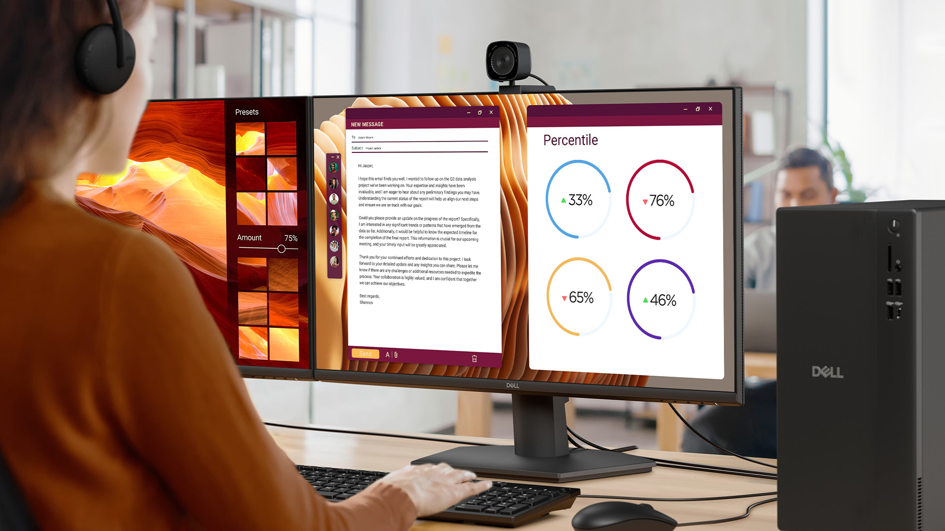 A professional using a Dell business desktop PC with a split-screen monitor displaying data.