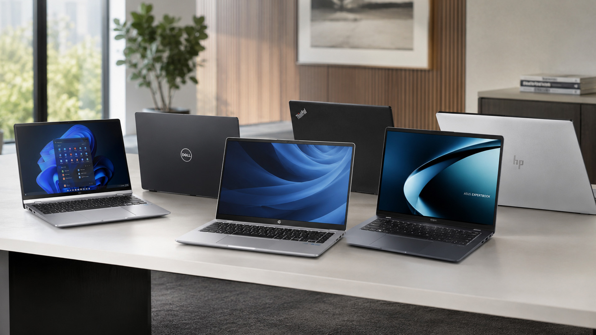 Lineup of Dell, HP, ThinkPad, and ASUS business laptops on a desk.