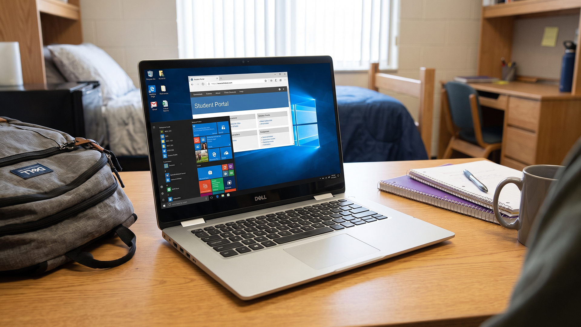 Dell laptop open on a wooden desk in a student dorm room.