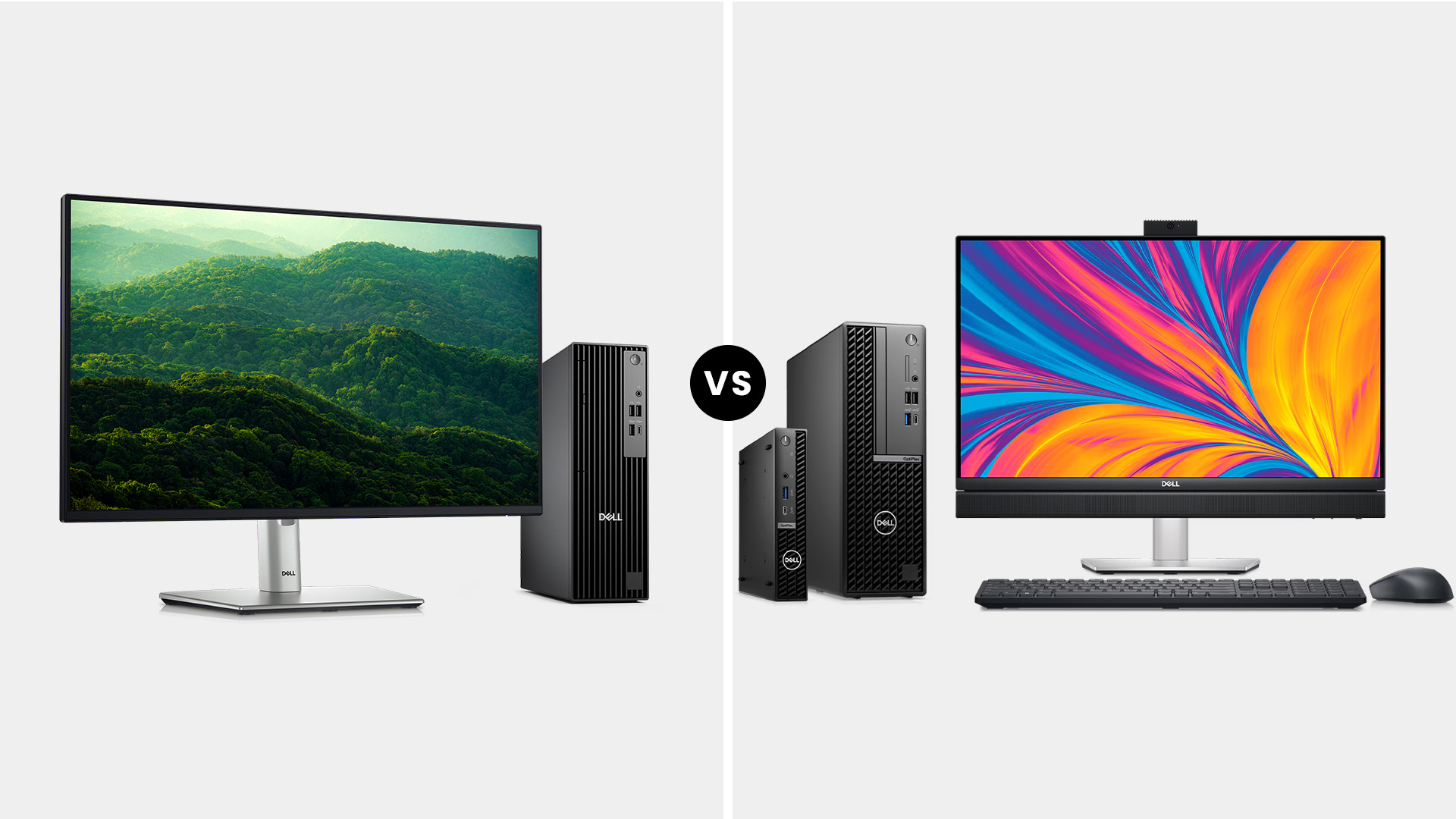 A side-by-side comparison of Dell Pro and Dell OptiPlex business desktop computers.