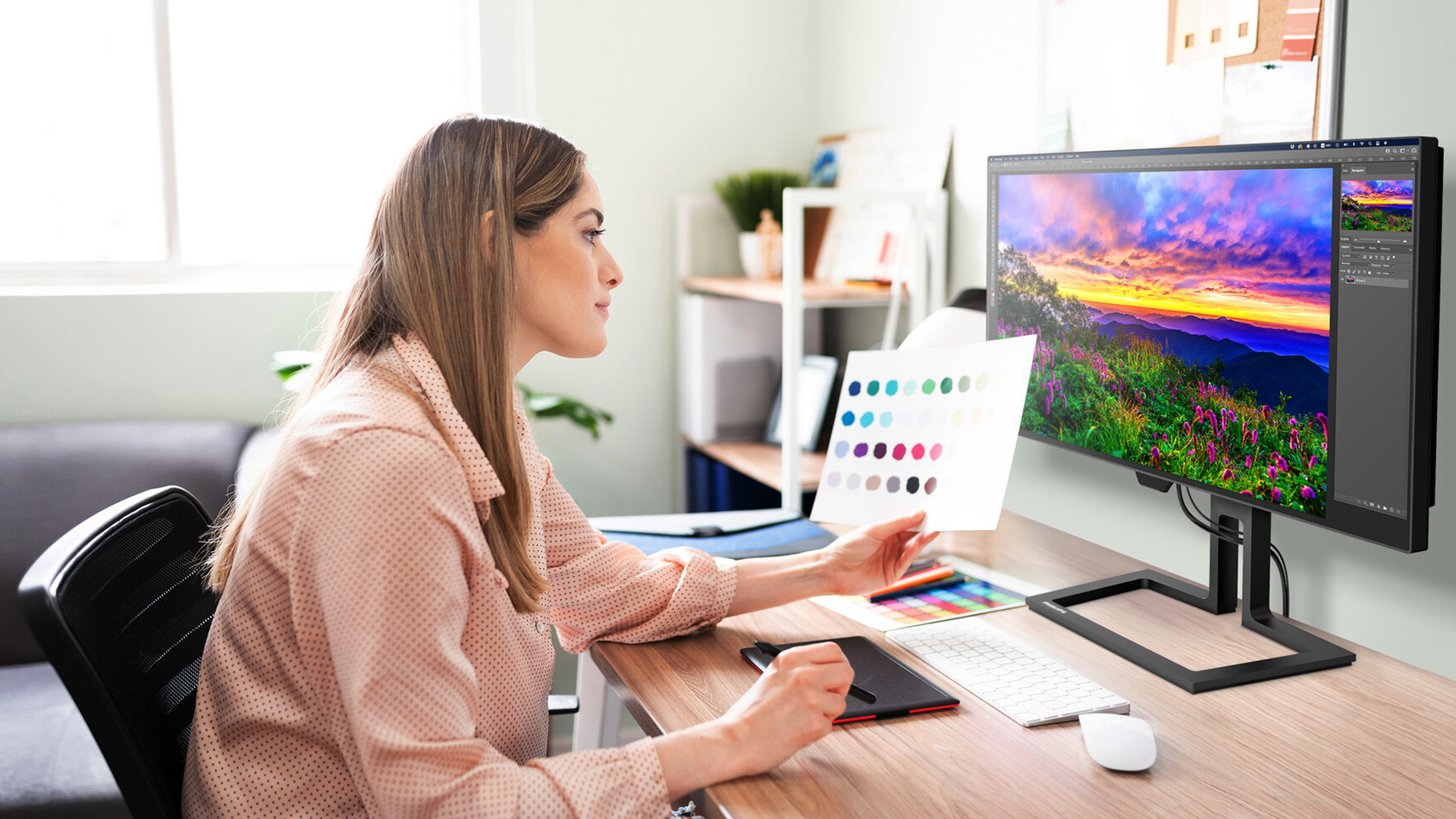 Designer holding a colour swatch while photo editing on a Philips monitor.