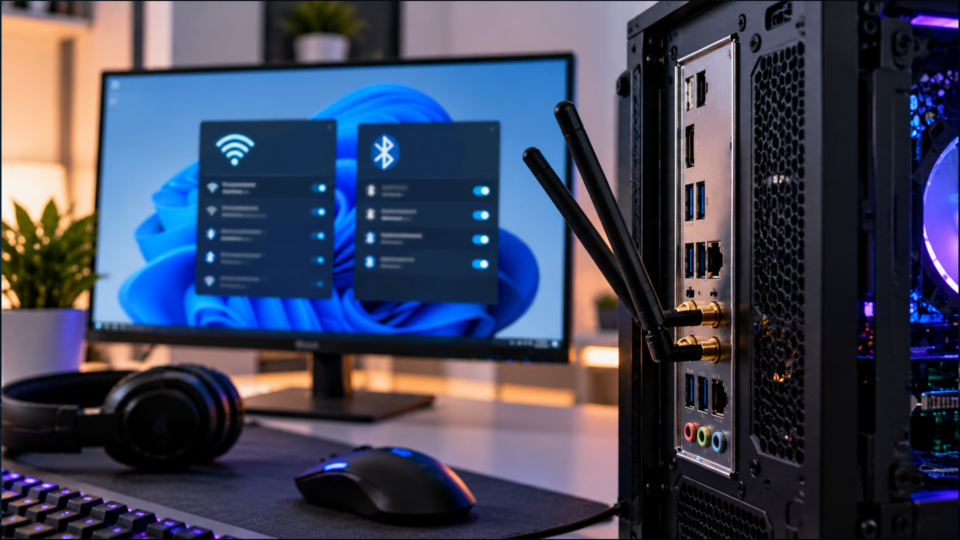 Desktop computer rear panel featuring attached external Wi-Fi antennas.