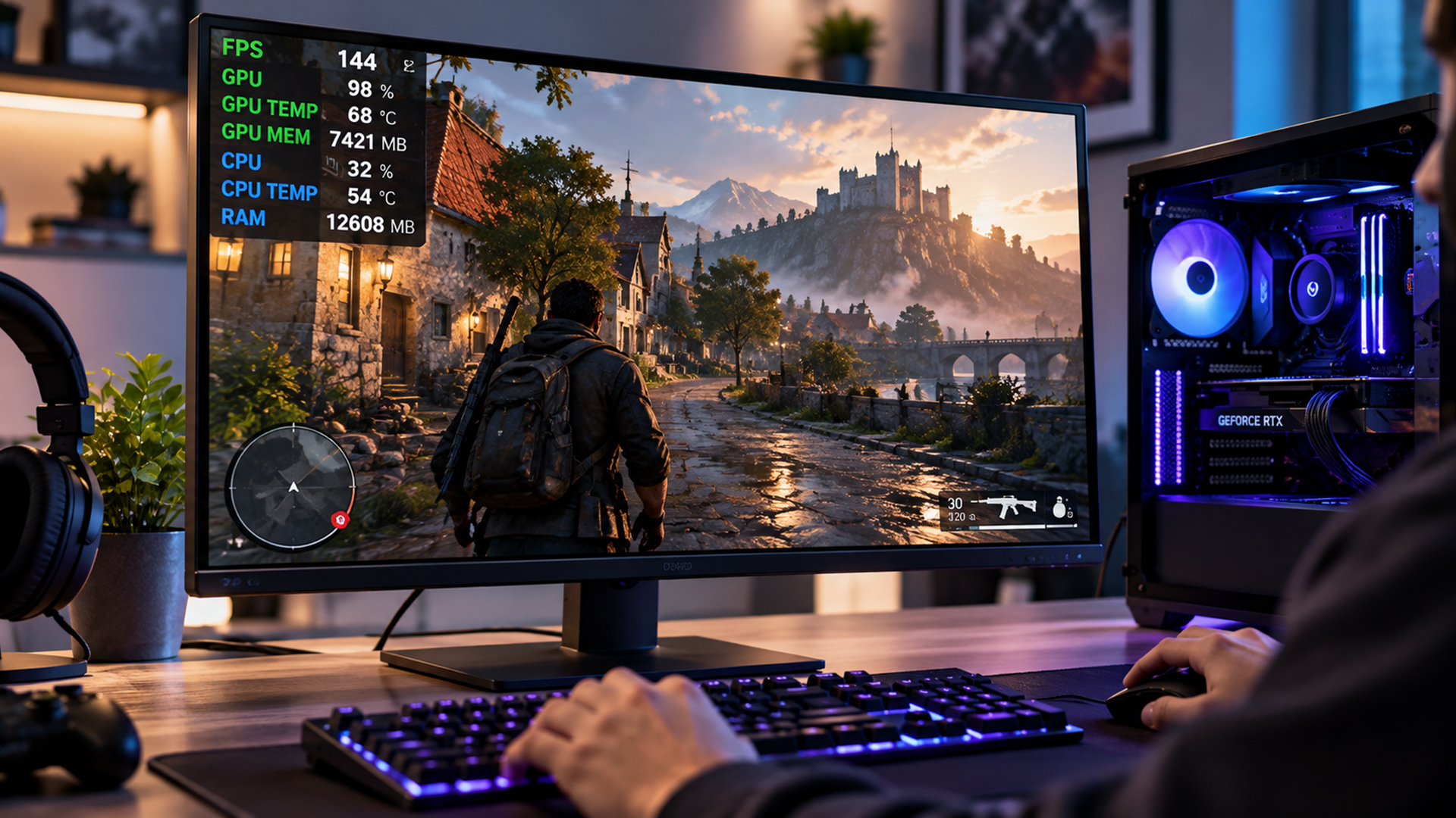 Action game screen showing detailed hardware monitoring overlay with fps.