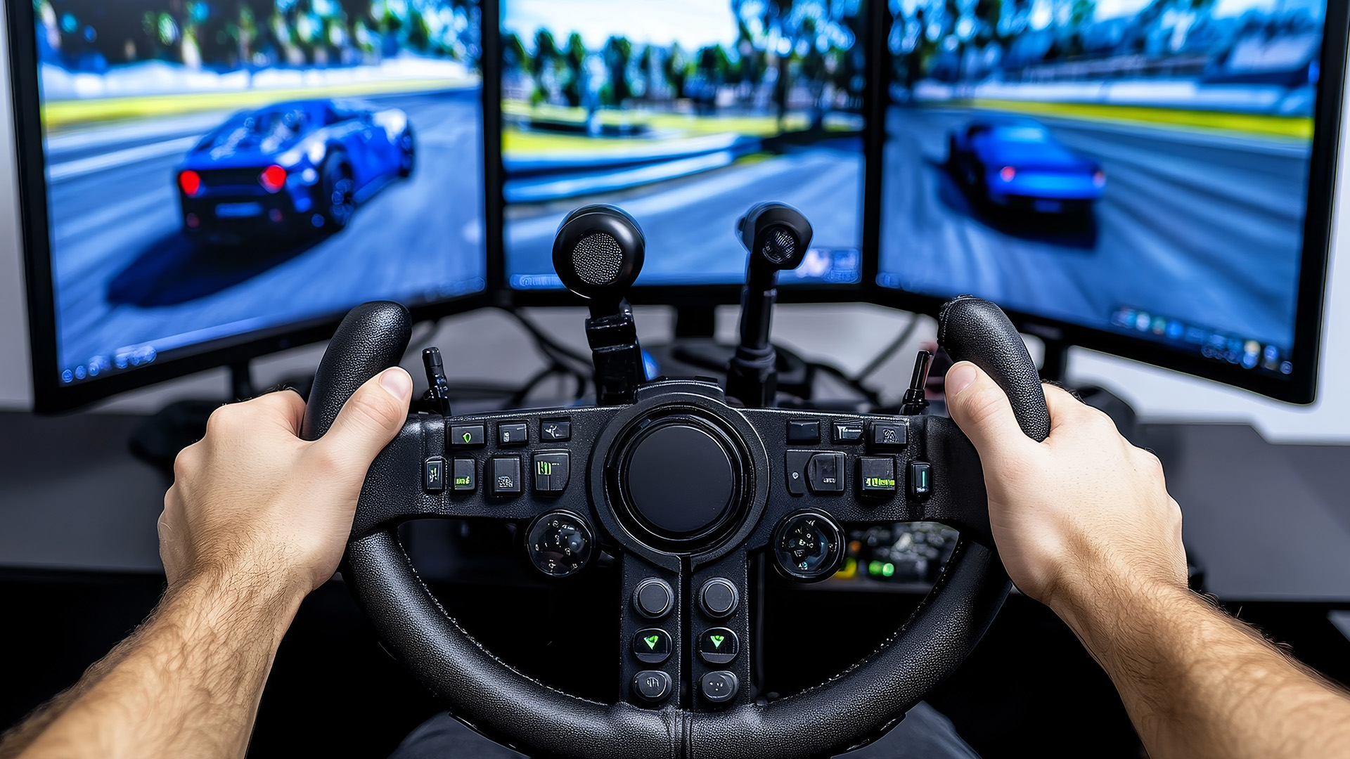 First-person view of a driver's hands on a racing wheel with a triple-monitor setup.