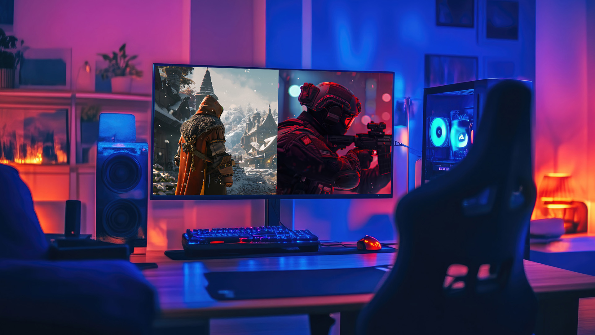 A monitor displaying both RPG and FPS game styles simultaneously.