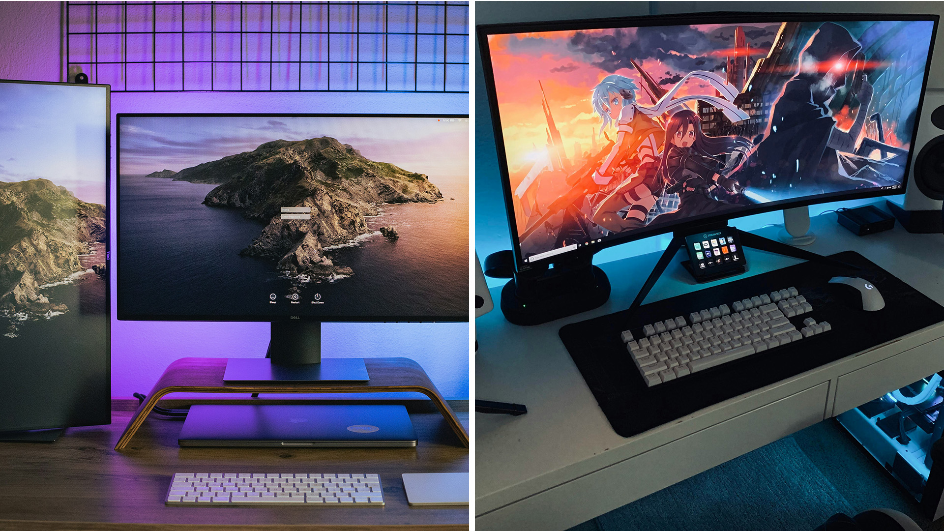 A dual-monitor desk setup displaying a scenic mountain wallpaper and an anime wallpaper.