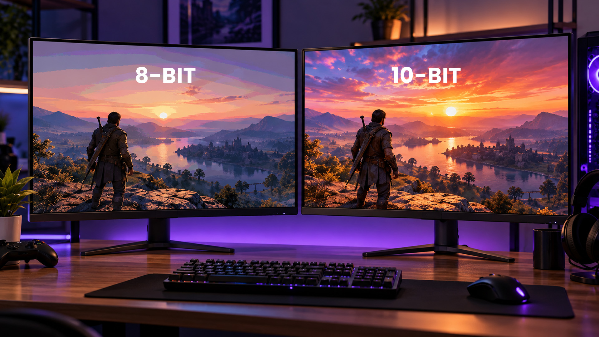 Two monitors side by side comparing 8-bit and 10-bit colour depth.