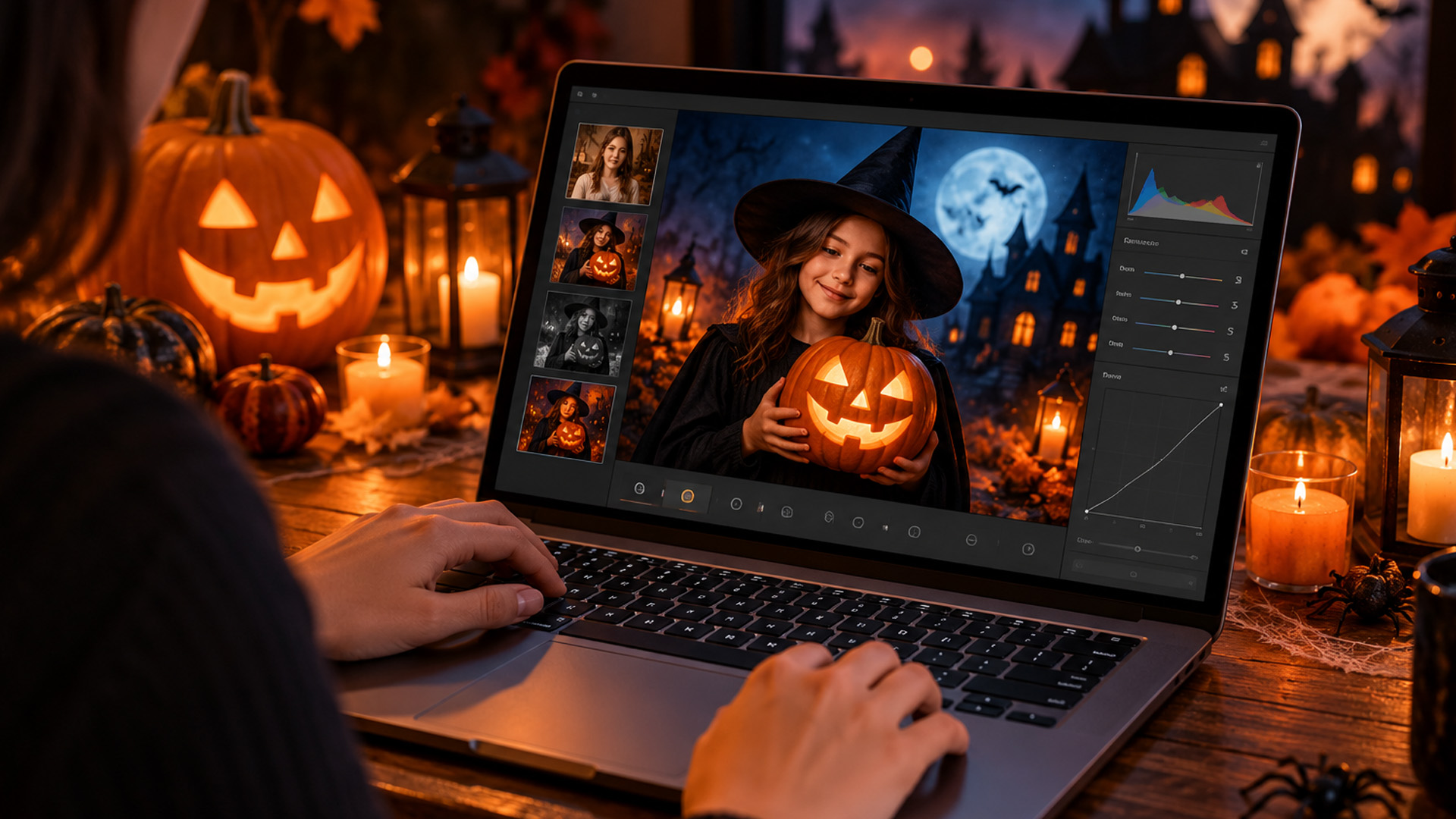 A person editing Halloween photographs with a glowing pumpkin on a laptop screen.