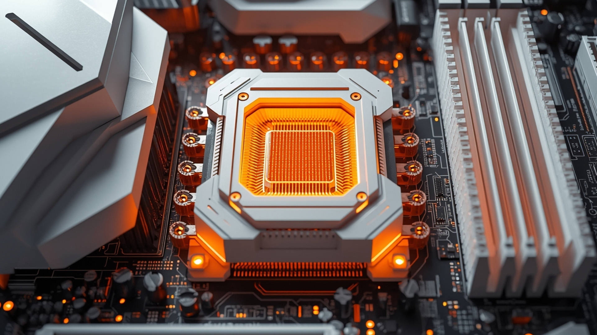Close-up of an empty glowing CPU socket next to white RAM slots on a motherboard.