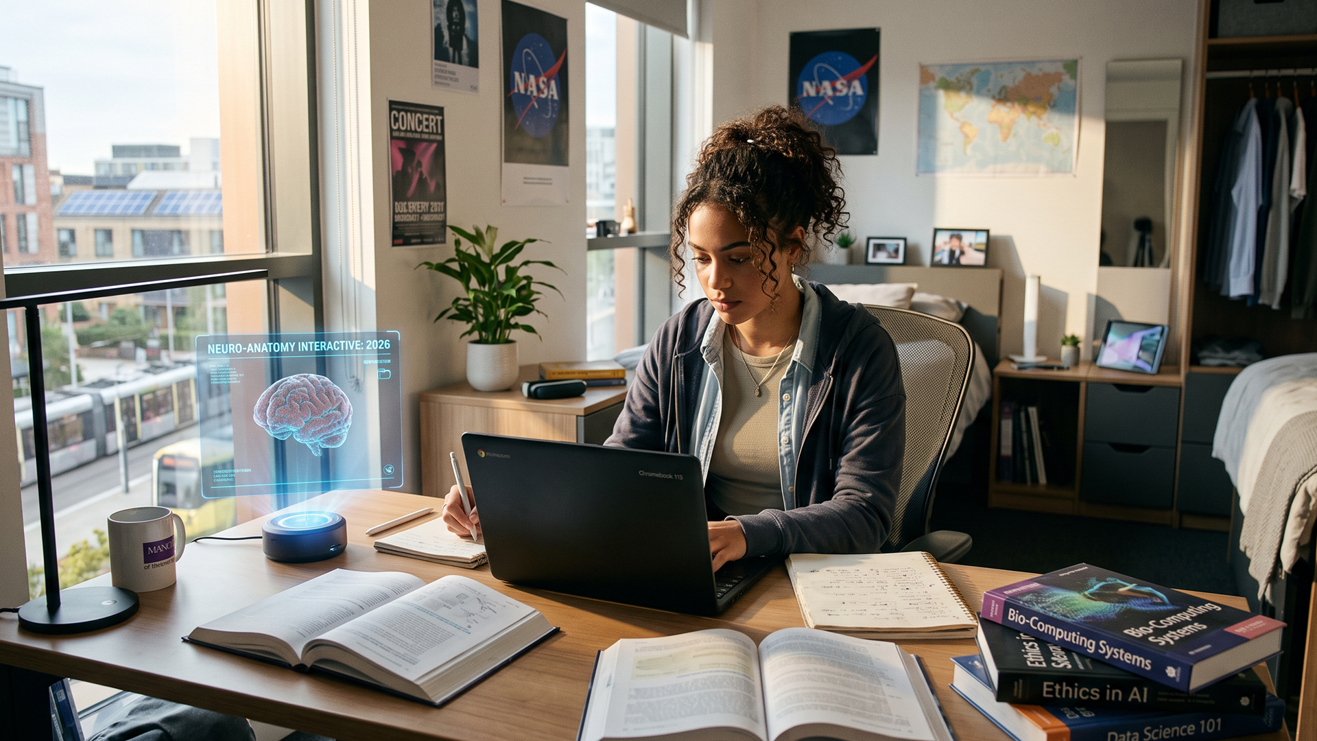 Student using a Chromebook surrounded by textbooks in her dorm room.