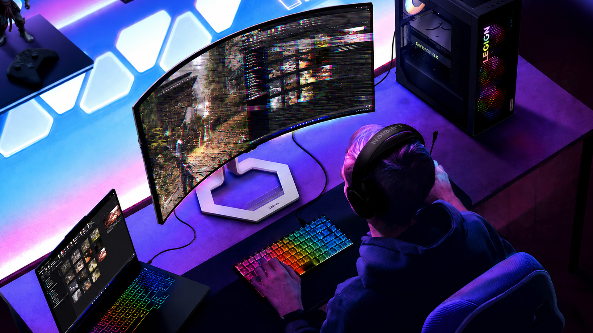 Gamer looking at a curved Lenovo Legion monitor with a flickering screen issue.