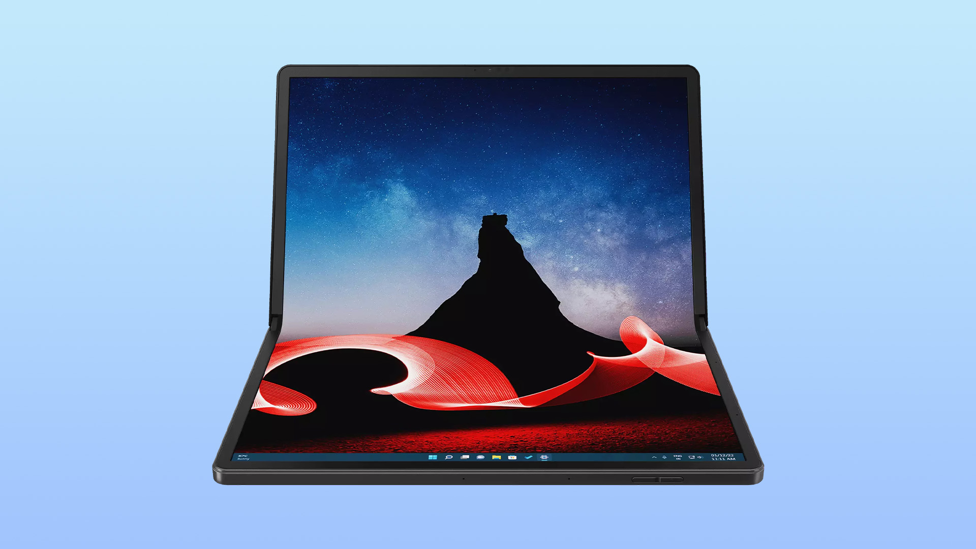 A foldable laptop fully open against a blue gradient background