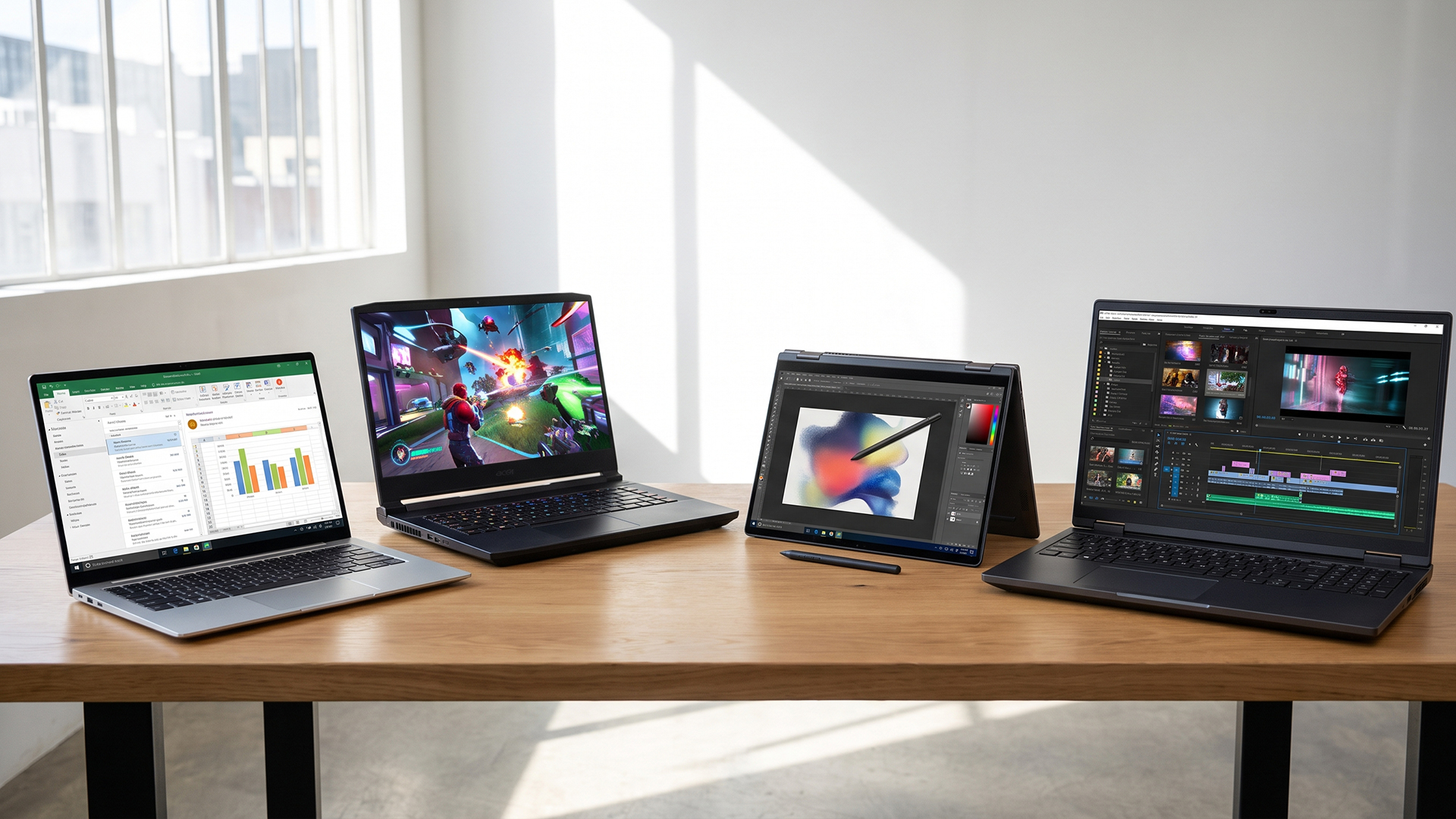 Four laptops displaying spreadsheet, gaming, drawing, and video editing apps.